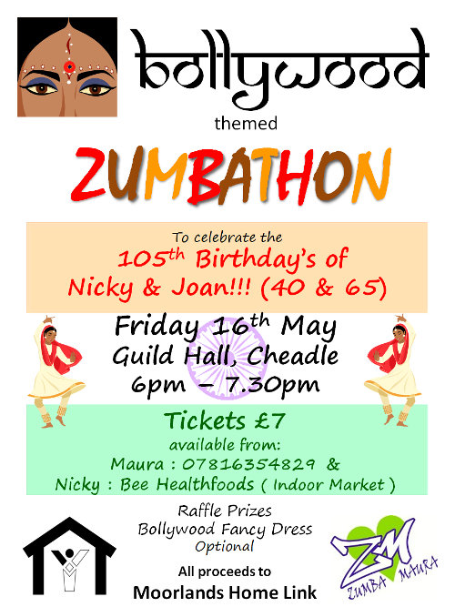 Bollywood themed Zumbathon to celebrate the 105th birthdays of Nicky and Joan on Friday 16th May, Guild Hall, Cheadle.
