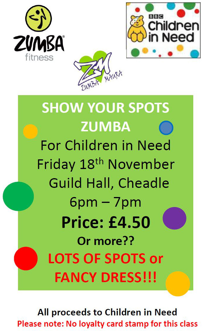 Show Your Spots Zumba for Children In Need - Fri 18th Nov - 6:00pm-7:00pm, Guild Hall, Cheadle.