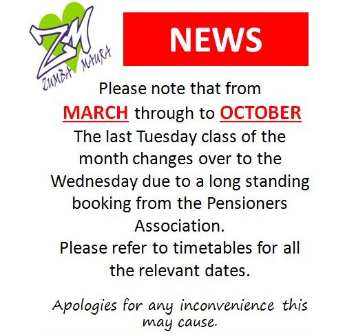 Zumba classes on Wednesday change over coming up